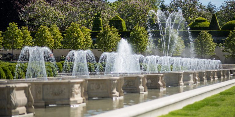Diagonal view from left front to right rear of a long fountain canal containing a series of octagonal stone fountains with water in basket-weave formation, with a double row of trees in the background, and a glimpse of a topiary garden and blooming paulonia trees beyond.