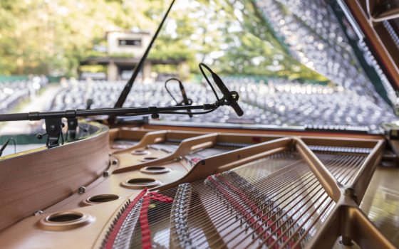 Closeup of the inside of an open piano on an outdoor stage, showing piano strings, with the highly polished interior lid reflecting rows of audience seats in the background.