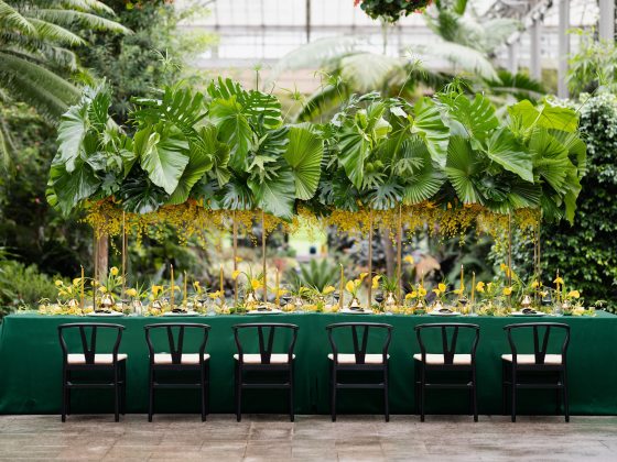 Dining chairs and long table covered with dark green tablecloth, with individual place settings decorated with yellow calla lilies and a large overhead floral display of green palm leaves, ferns, and a variety of yellow flowers.