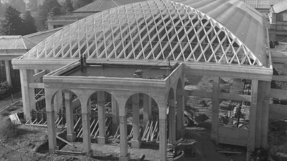 b&w image of large greenhouse under construction, with closeup of lattice-like roof structure