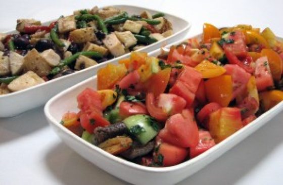 tomato salad in white dishes 