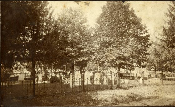sepia tone image of a cemetery with lots of trees
