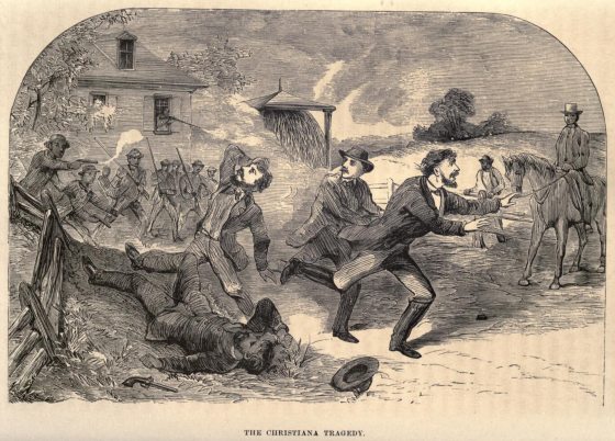 a black and white woodblock print of the Christiana tragedy