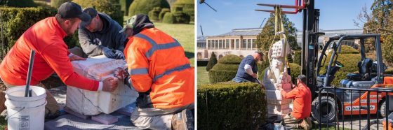 two images of people in orange safety jackets installing foo dog sculptures outside the topiary garden