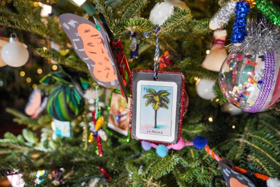 A close up of Latin-American inspired Christmas ornaments.