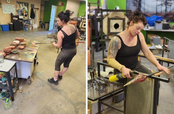 Two images of a person working in a glass blowing studio.