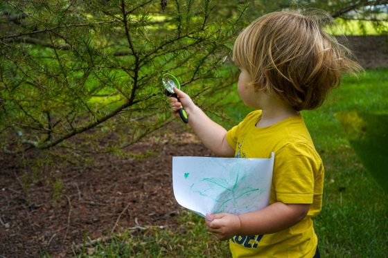 A young child in a yellow shirt holding a small magnifying glass up to a tree.