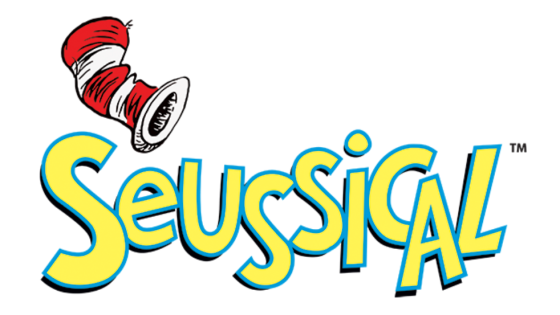 Performance logo for "Seussical," with yellow lettering outlined in blue, and a red-and-white striped hat in the left corner.
