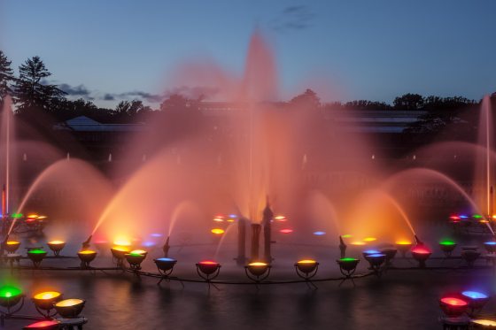 The Main Fountain Garden lit up in an array of colors 