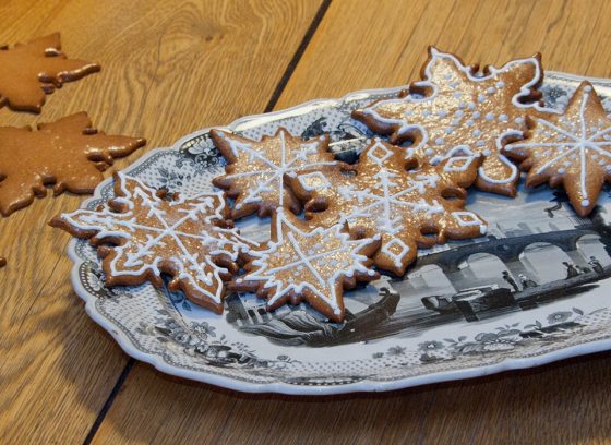 star shaped cookies decorated with white icing on a blue and white plate
