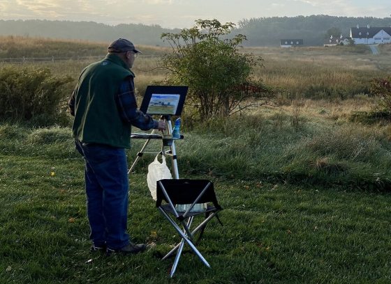 a person painting outdoors overlooking a meadow garden