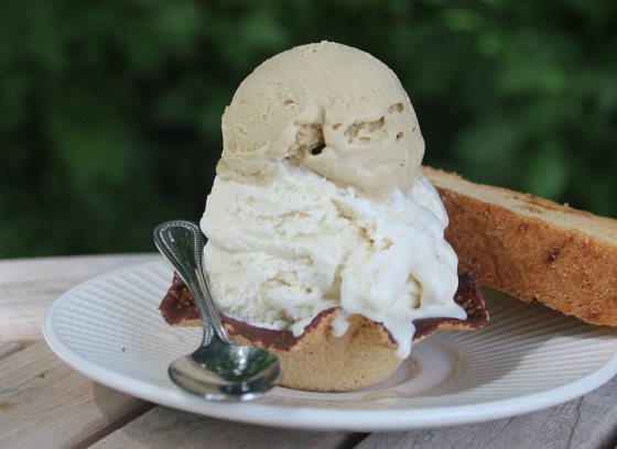 An ice cream sundae on a white plate. 