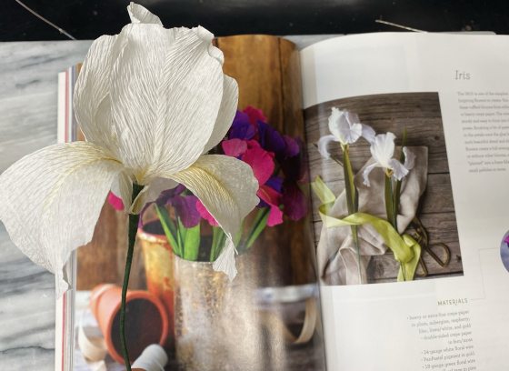 A whtie paper flower resting on a craft book.