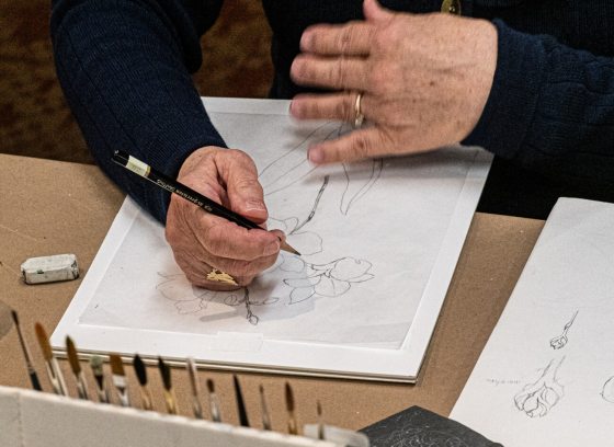 A person seated at a table using a pencil to draw a plant on white paper.