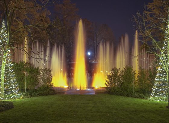 Fountains lit with yellow light rise against a night sky, with a lit Christmas tree form on either side.