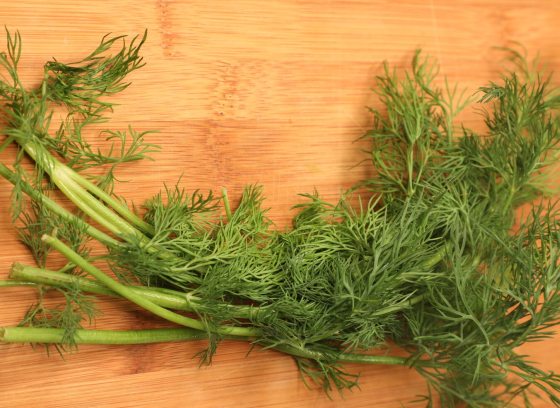 A bundle of dill lying on a wood cutting board.