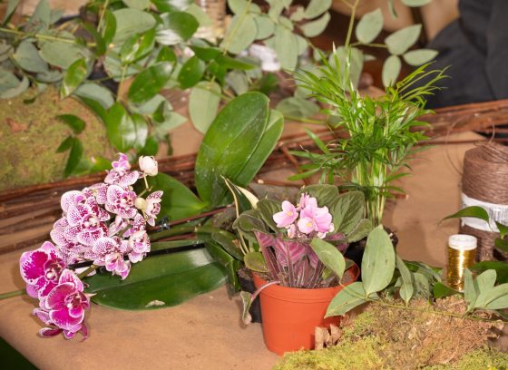 An assortment of floral design materials on a table.