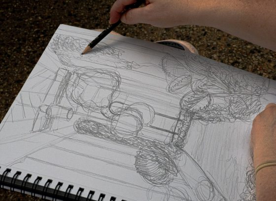 A persons hands, holding a pencil, sketching an indoor garden.
