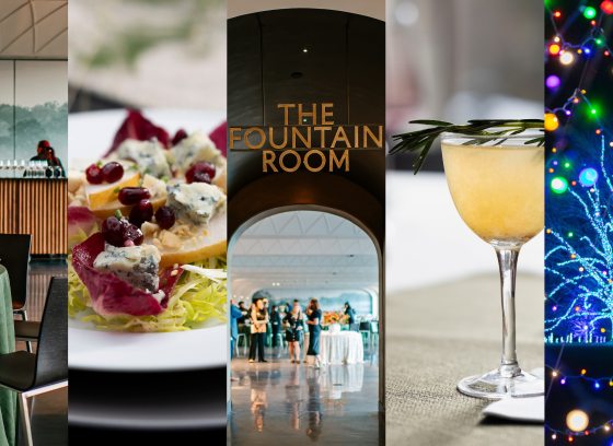 Collage includes central image of words "The Fountain Room" over an arched doorway with a glimpse of people dining, flanked by closeup shots of table settings, food, drink, and outdoor Christmas lights.