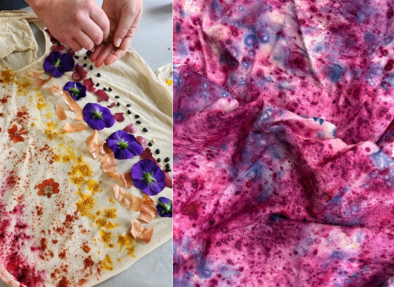 Two photos side by side, one with flowers arranged on top of a shirt for dying, the second the finished product, creating a tye-dye effect.