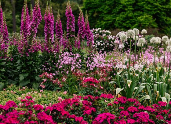 A lush, late-spring flower bed featuring a variety of red and pink flowers.