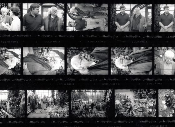 black and white contact sheet of historic images of Roberto Burle Marx and members of the Longwood team and the public at the opening of the Cascade Garden