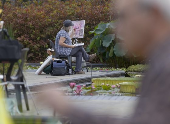 Two people, one in the foreground and blurry, and one further away, seated at an easel painting images of waterlilies at Longwood Gardens.