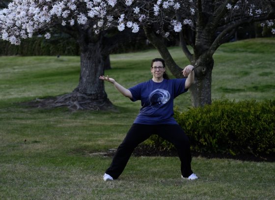 A person practicing tai chi underneath a flowering tree in spring.