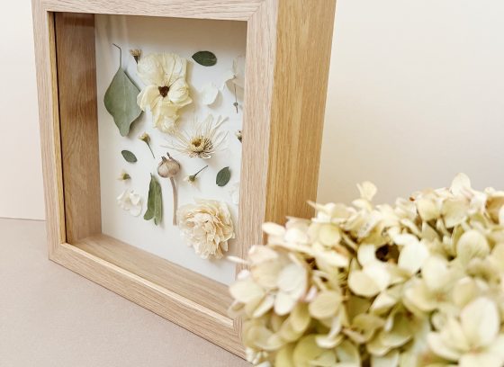 Shadow box frame with pressed and dried flowers and dried hydrangea stem in foreground
