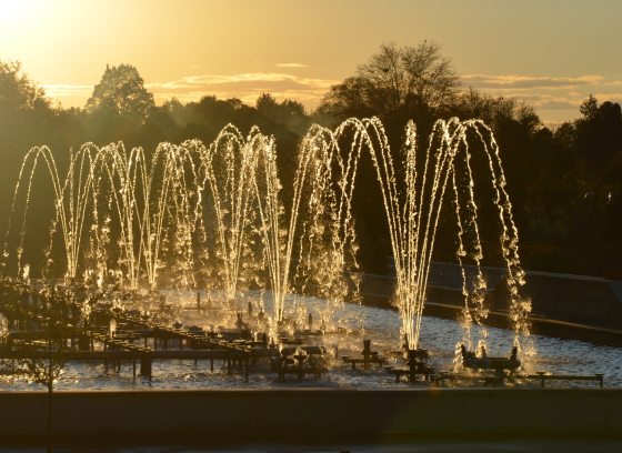 Fountains at Longwood Gardens at sunset.