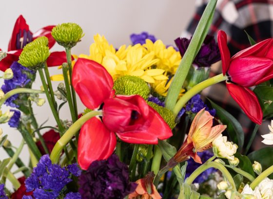Flowers arranged in a bouquet.