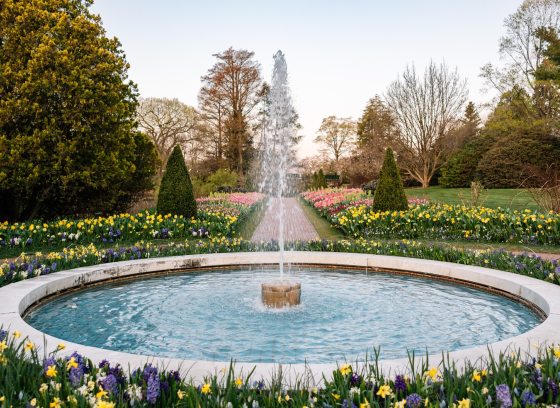A circular fountain with flowering beds around it at Longwood Gardens.