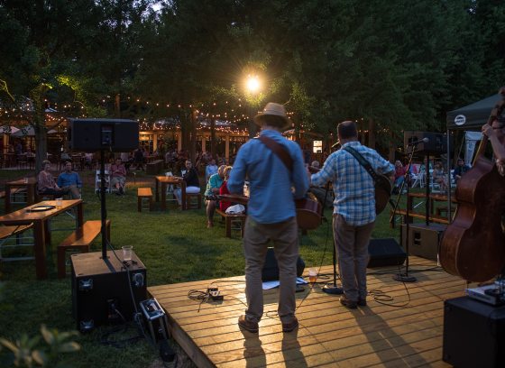 two men with their backs to the camera playing guitars on a wooden stage in an outdoor venue