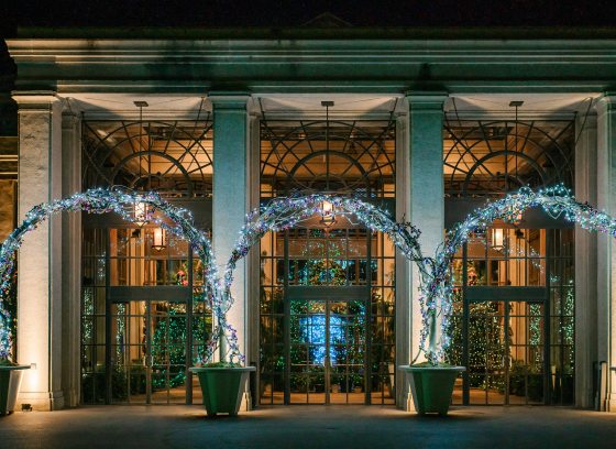 Arches of Christmas lights adorn the Conservatory entrance.