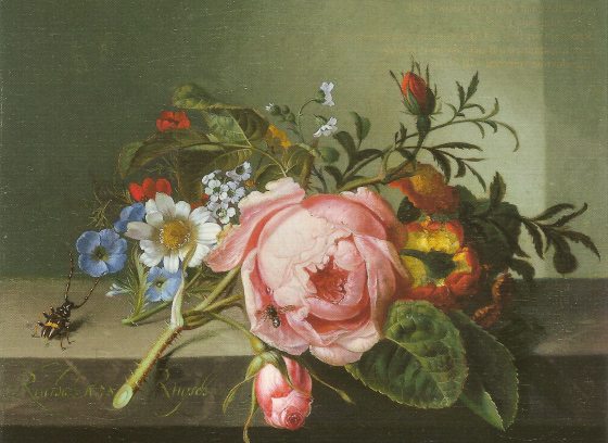 Oil painting of flowers on a table with a beetle and a bee.