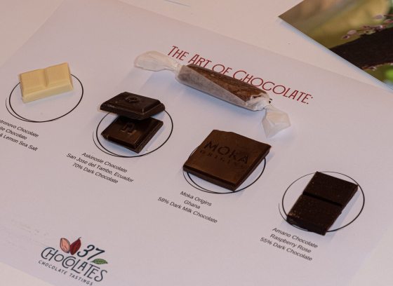 Pieces of chocolate set out on a table.