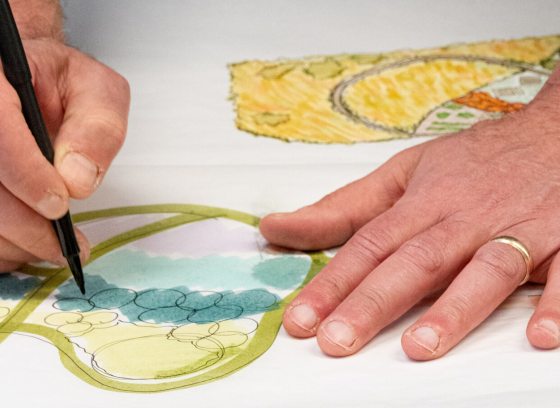 A person's hands on a illustration of a landscape design plan.