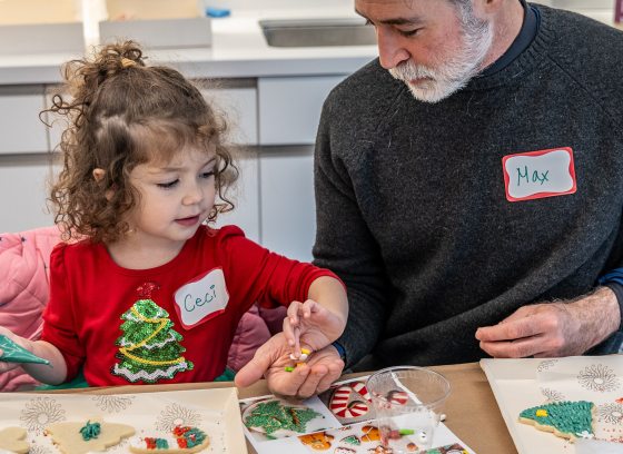 An adult and a young child decorate Christmas cookies.