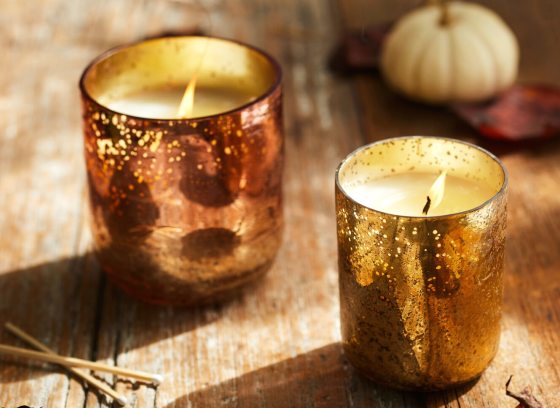 Two lit candles in metallic, mottled glass holders on a rustic wooden table, next to a small white pumpkin and fallen leaves.