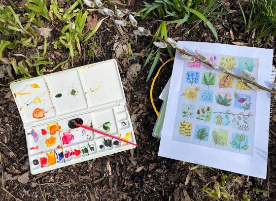 A nature journal and paint palette laying open on a forest floor.
