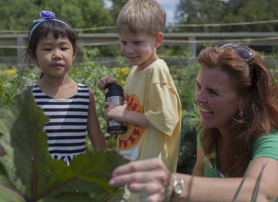 Two students look at plants in the Idea Gardens with a female Longwood Educator