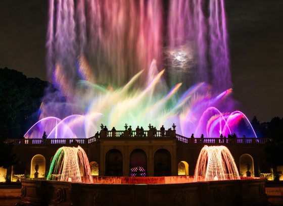 Two basketweave fountains in the foreground frame silhouettes of guests watching pastel-colored fountains fill the night sky in the background/