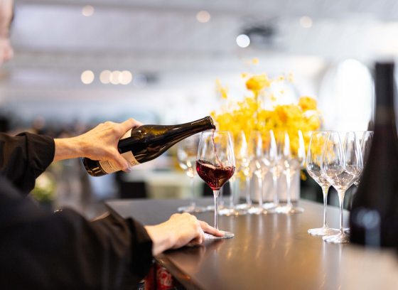 A person behind a bar pouring red wine into a glass.
