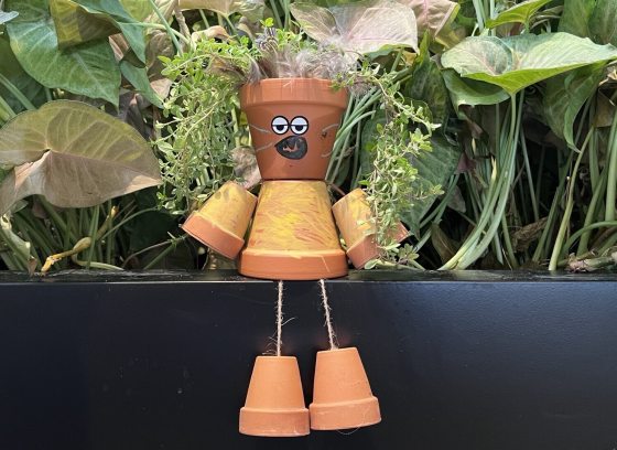 Character crafted out of small terra cotta pots plated with herbs