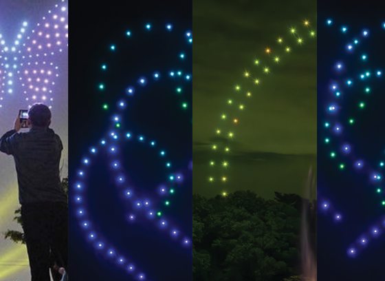 Montage of four vertical panels displaying light patterns in the night sky, drawn by drones.