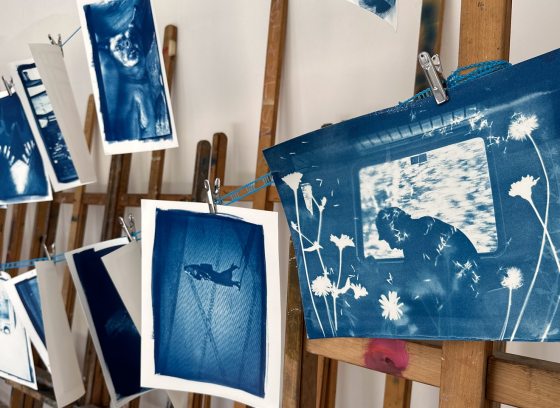 A display of cyantopes hanging against easels. 