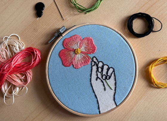 Embroidery by Lea Saccomanno including a hoop and embroidery thread.