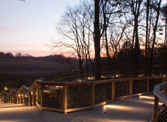 The Meadow Garden overlook, at dusk, featuring a boardwalk overlooking the vista of the garden.