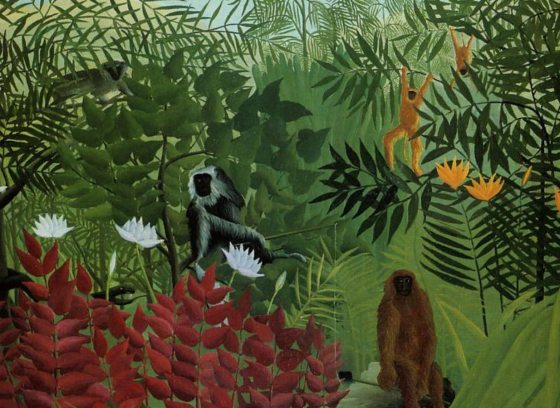 A painting by Henri Rousseau with monkeys in a jungle setting.