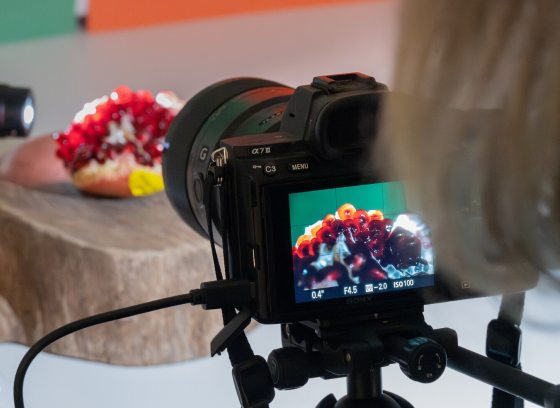 A blurred person standing behind a camera, photographing floral material. 
